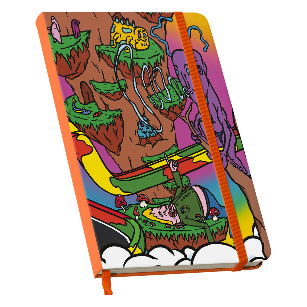 Taccuino Trippy world dell'album Chaotic book di Daniele Pierantozzi: copertina soft touch in 8 colori, con chiusura e segnalibro coordinati