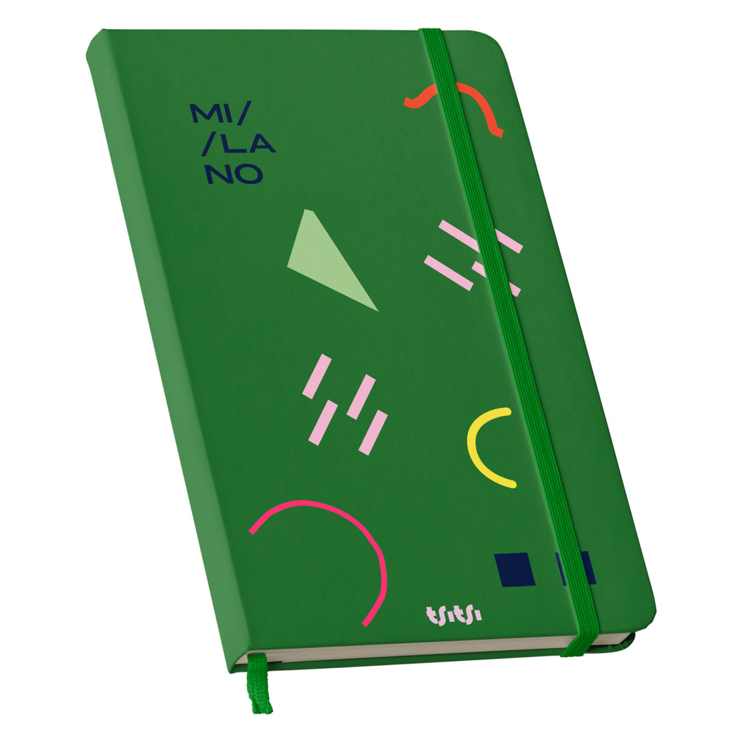 Taccuino MILANO dell'album Mapperó di TSITSI CONCEPT: copertina soft touch in 8 colori, con chiusura e segnalibro coordinati