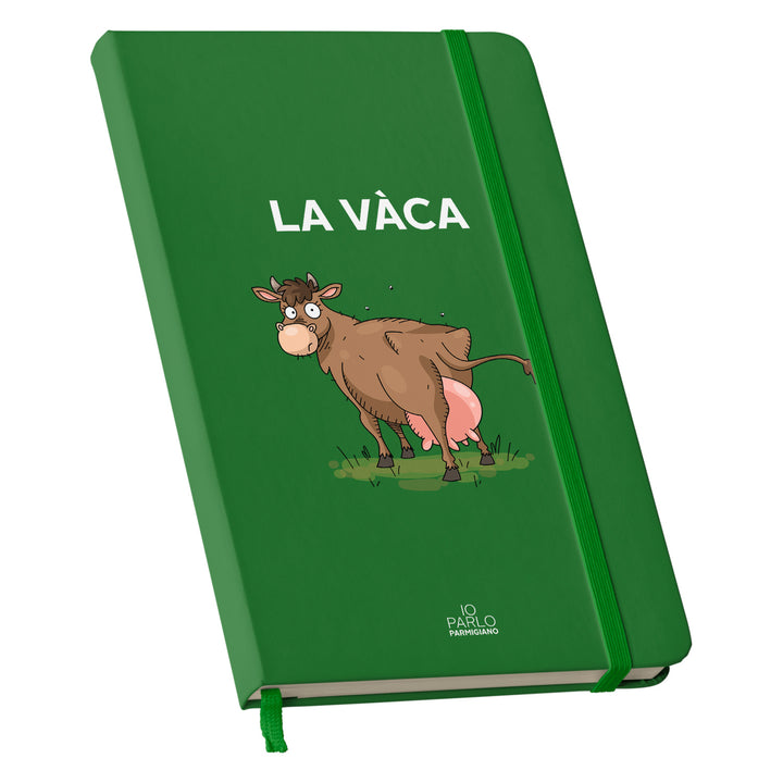 Taccuino LA VÀCA dell'album LÌNNEA BÉSTJI di Io parlo parmigiano: copertina soft touch in 8 colori, con chiusura e segnalibro coordinati