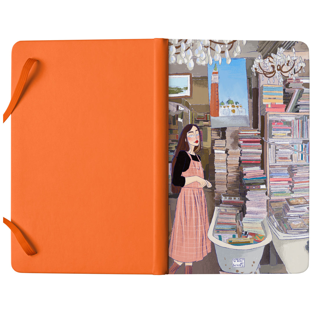 Taccuino Libreria acqua alta dell'album Thinker su carta di Charlotte Le Bleu: copertina soft touch in 8 colori, con chiusura e segnalibro coordinati