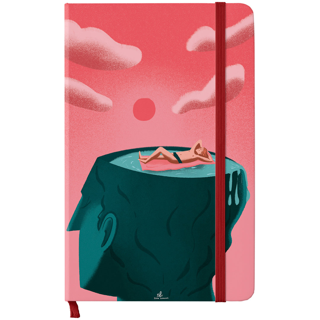 Taccuino Testavacanza disegno puro dell'album Taccuini per viaggiare (anche con la mente) di Elisa Lanconelli: copertina soft touch in 8 colori, con chiusura e segnalibro coordinati