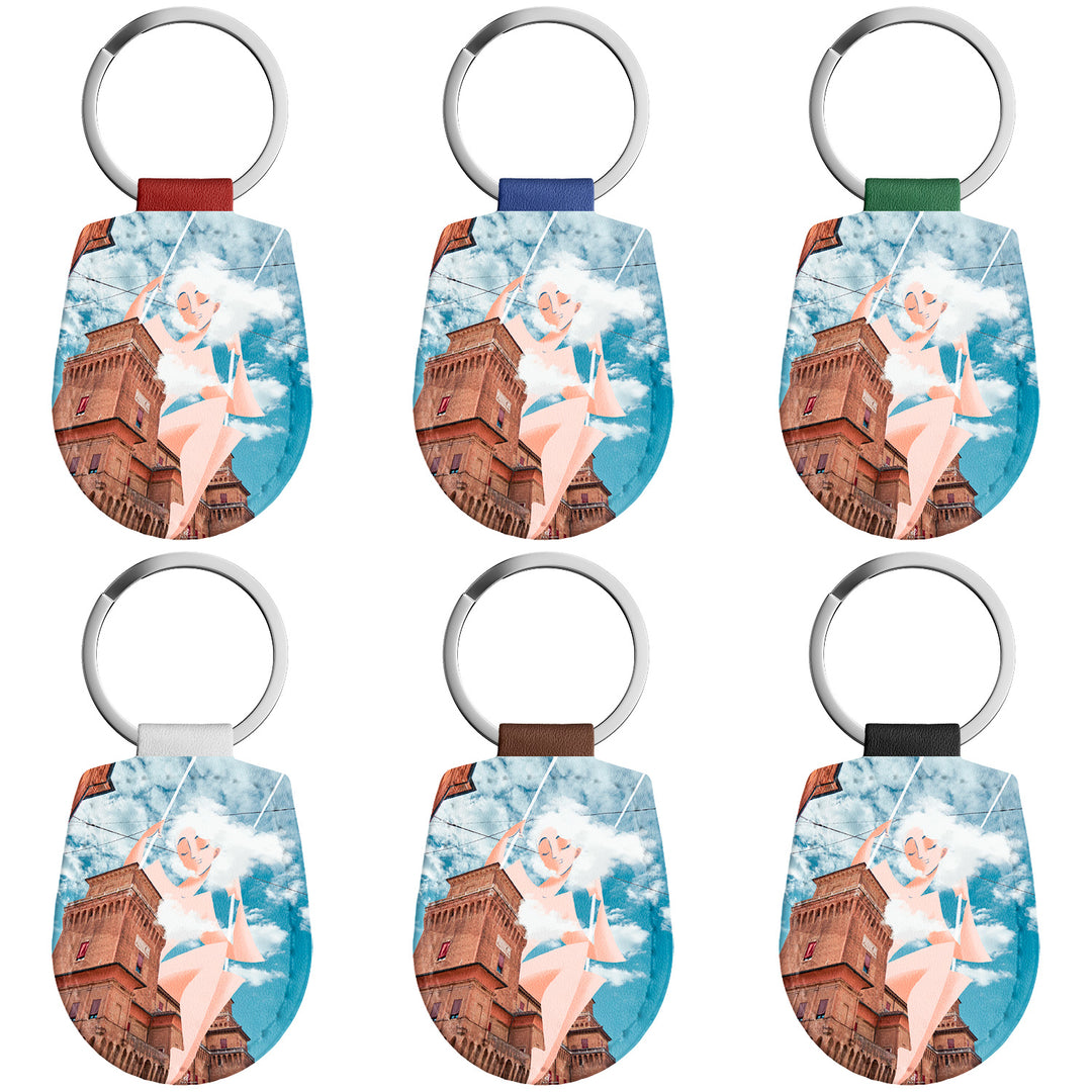 Portachiavi in pelle Ferrara dell'album Immagina, ovunque di Elisa Lanconelli con anello in metallo, Disponibili in 6 Colori, Stampa di Alta Qualità