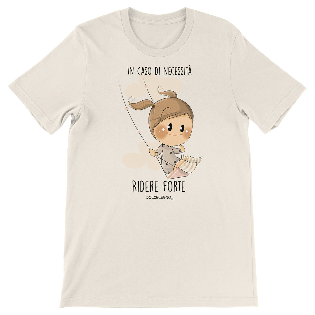 Maglietta Ridere forte dell'album L'amore è nell'aria di DOLCELEGNO, T-Shirt uomo donna e bambino a maniche corte in cotone con girocollo