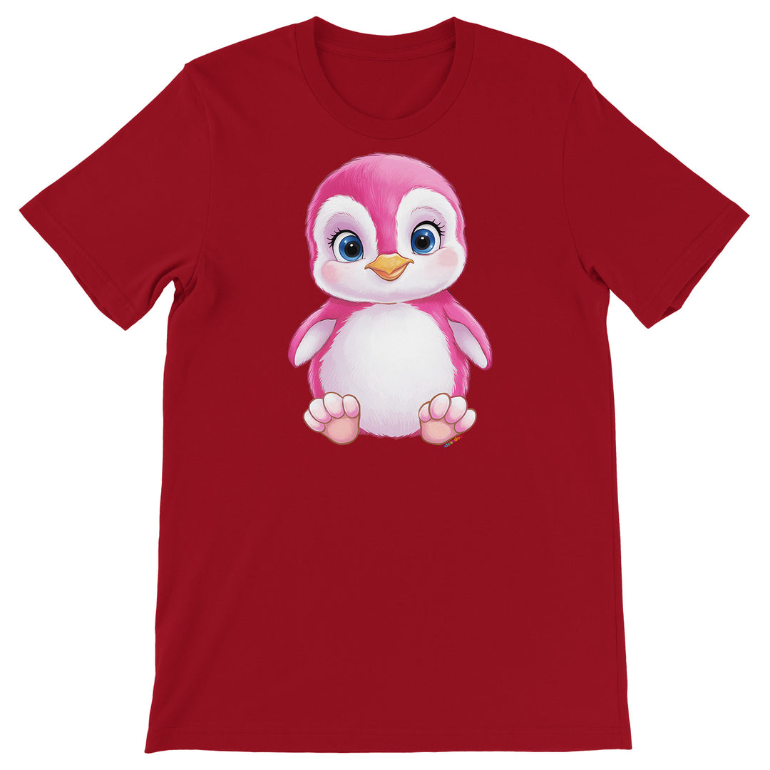 Maglietta Pinguino rosa dell'album Dolci piccoli animali di Ideandoo, T-Shirt uomo donna e bambino a maniche corte in cotone con girocollo