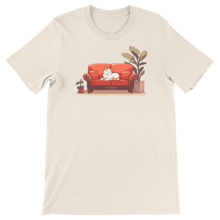 Maglietta Riposo sul divano dell'album Gatti adorabili kawaii di Ideandoo, T-Shirt uomo donna e bambino a maniche corte in cotone con girocollo