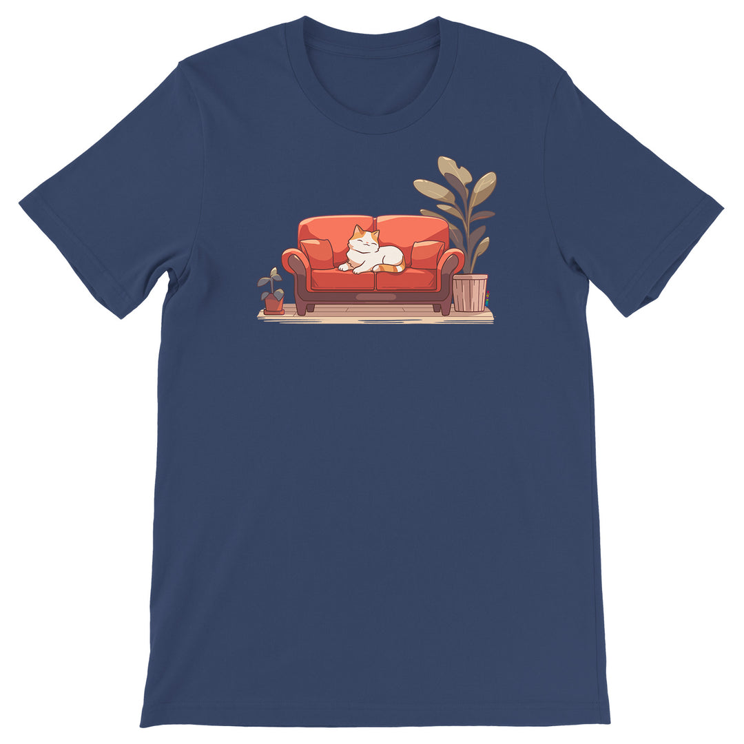 Maglietta Riposo sul divano dell'album Gatti adorabili kawaii di Ideandoo, T-Shirt uomo donna e bambino a maniche corte in cotone con girocollo