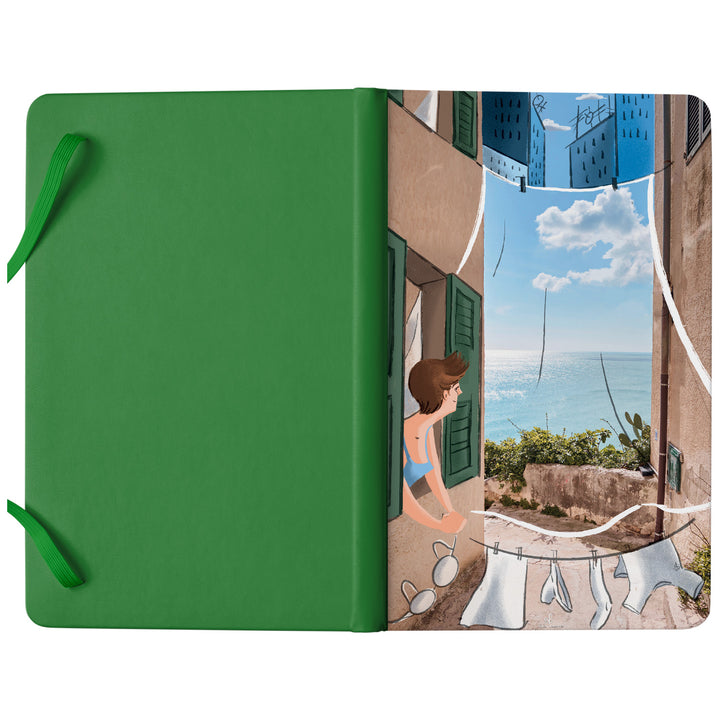 Taccuino Puglia dell'album Taccuini per viaggiare (anche con la mente) di Elisa Lanconelli: copertina soft touch in 8 colori, con chiusura e segnalibro coordinati