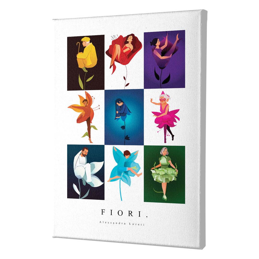 Quadro su tela Mix fiori dell'album Colori in movimento di Alessandra Loreti stampa su tela di alta qualità per arredamento casa o ufficio